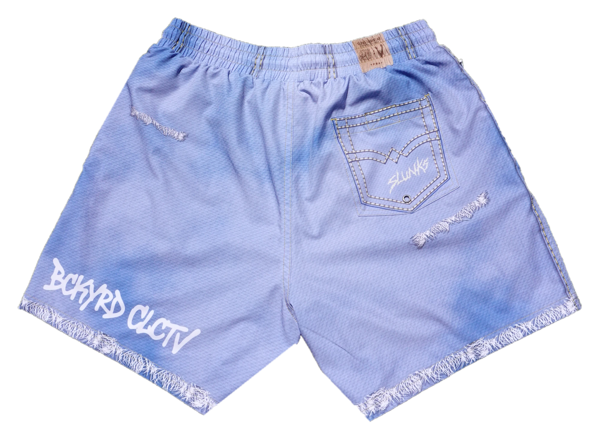Original back view of JORTS shorts showing the stitched pocket, waistband patch, distressing, and raw hems